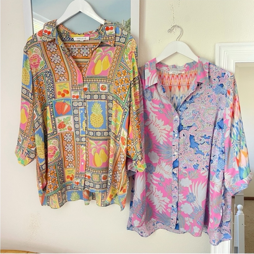 Bundle of 2 Rose & Olive Colorful Floral Fruit Button Down Blouse Tope in 1X